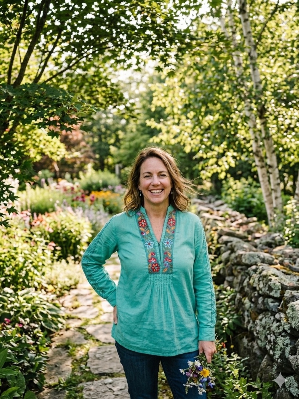 Johnny Was Teal Pintuck Embroidered V-Neck Tunic